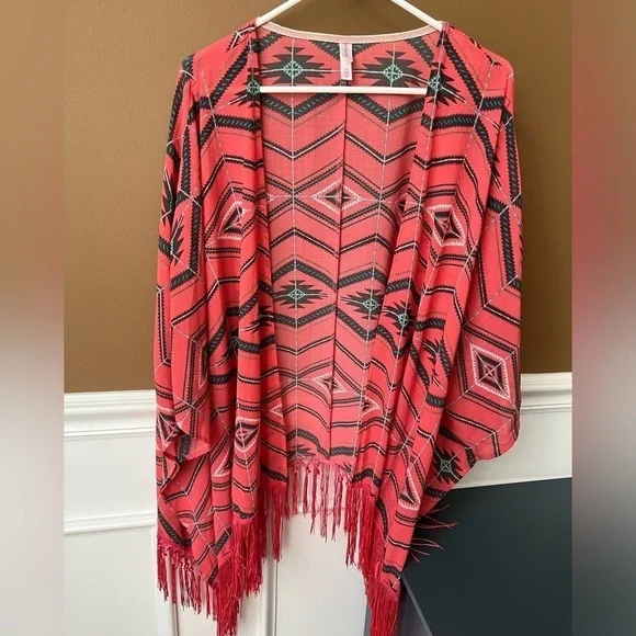 XHILARATION VTG Fringe Southwestern Aztec Kimono Cardigan L/XL Festival Boho - Picture 3 of 9